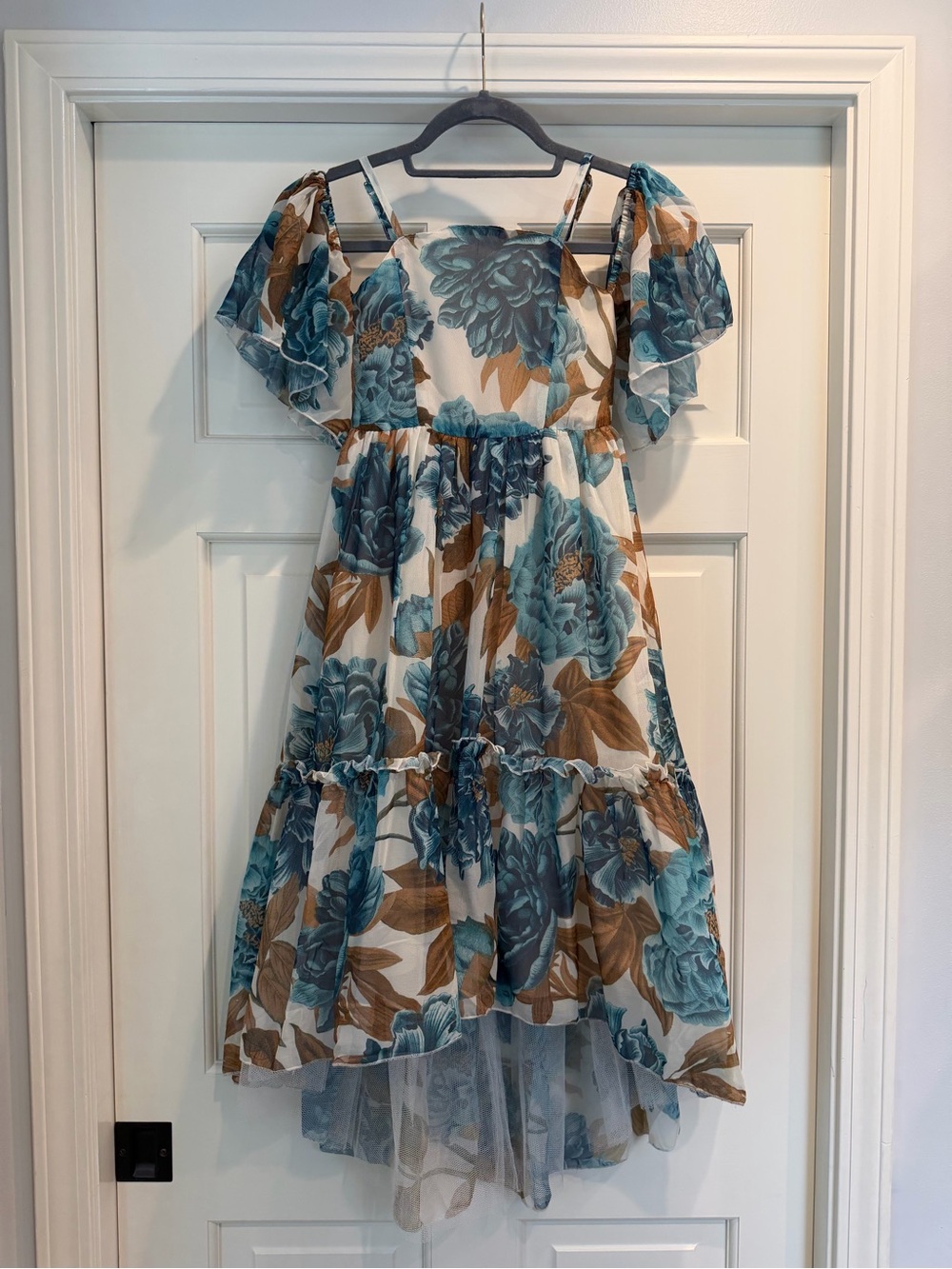 Girls Floral High-Low Dress with Ruffle Sleeves - Teal & Brown